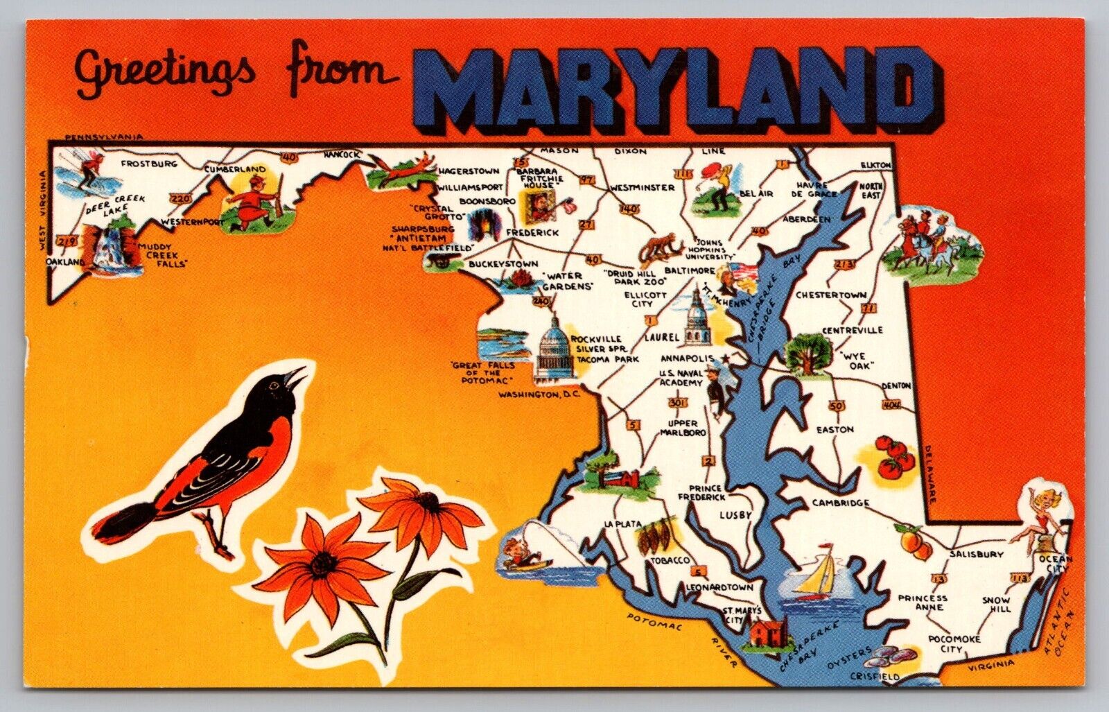 Postcard Greetings from Maryland Old Line State Landmarks Map