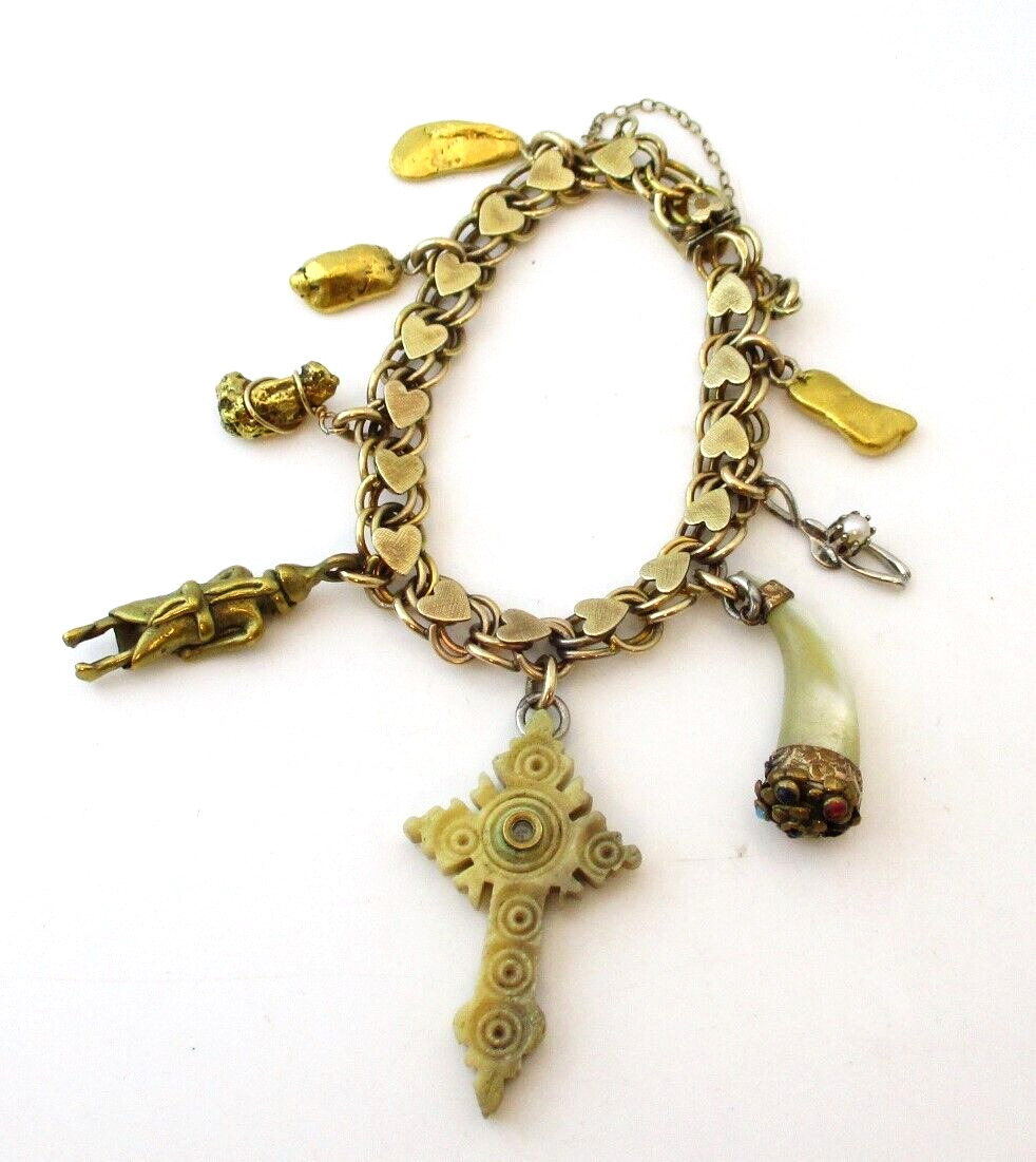 Vintage Charm Bracelet Stanhope Cross The Chapel At Knock Shrine 4 GOLD NUGGETS