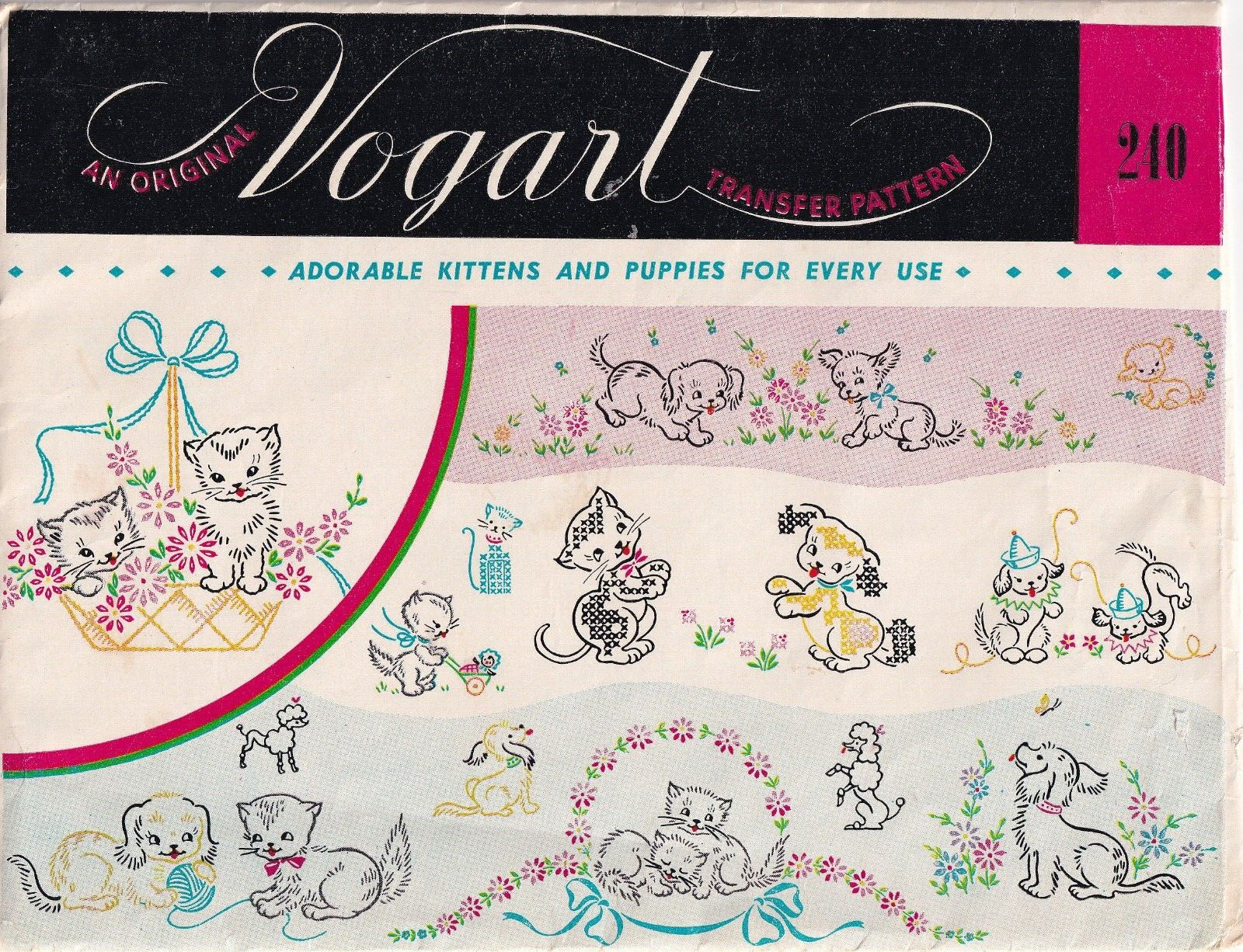 Vintage Vogart Transfer Pattern 240 Adorable Puppies & Kittens for Every Use