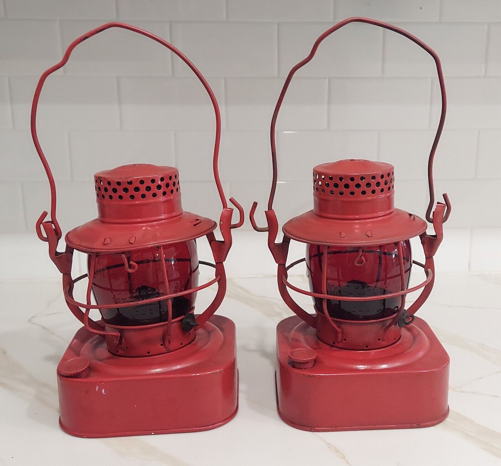 Rare MATCHED PAIR Vintage Dietz 8-Day Hanging Lanterns RED Globe & Square Base