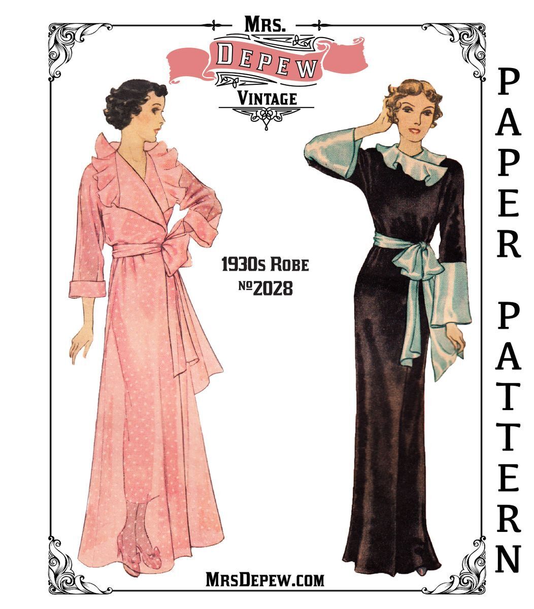 Vintage Sewing Pattern 1930s Full Length Robe, Ruffle Collar #2028  Reproduction