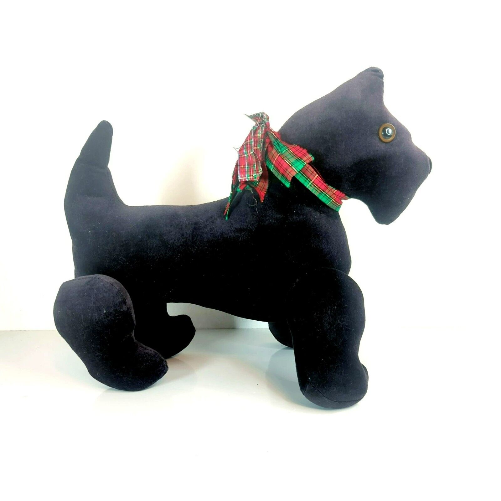 Vintage Scottish Terrier Scottie Black Plush Dog with Jointed Legs and Plaid Bow