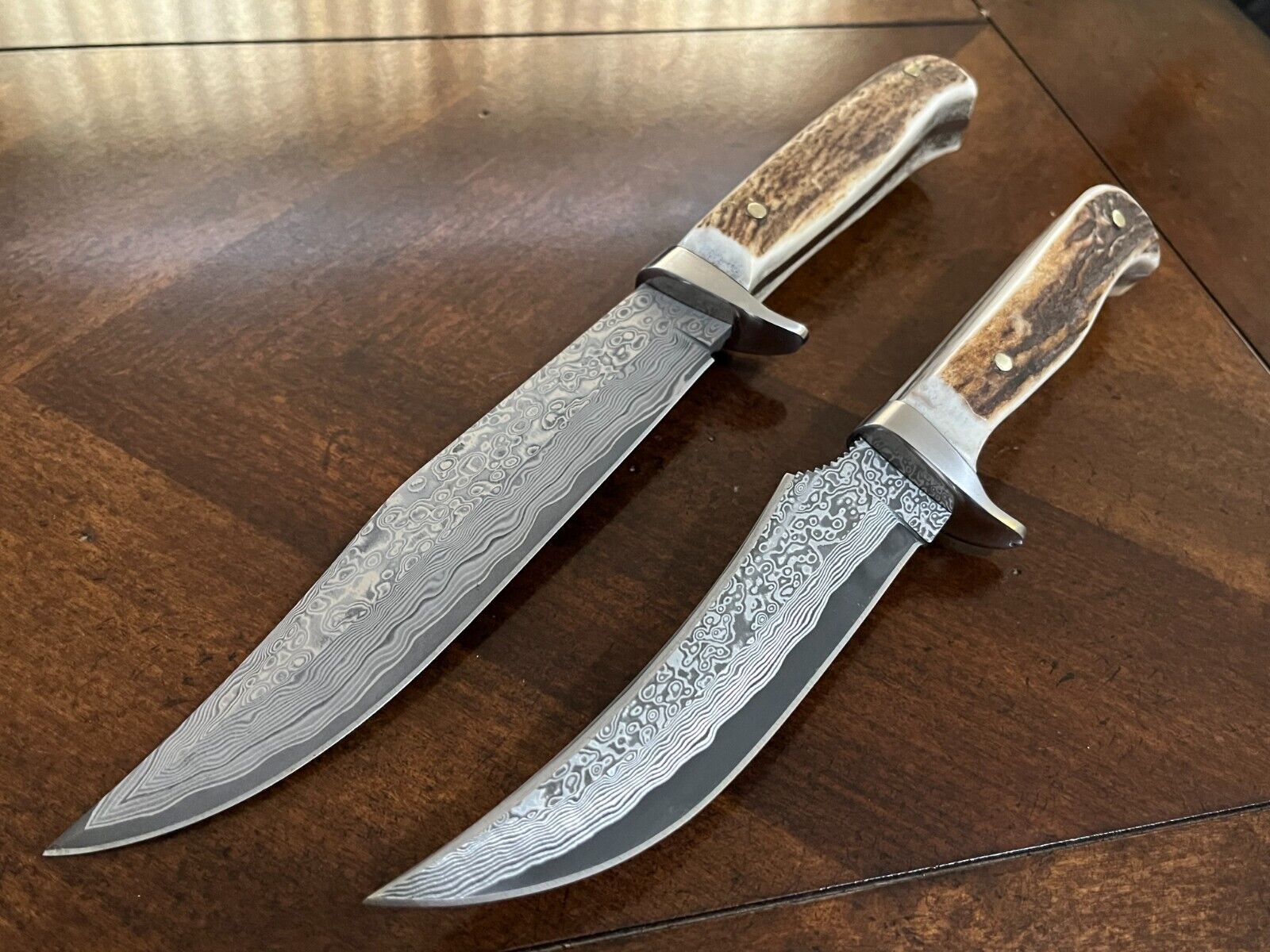 Damascus Steel Knives Stag Handle Bowie and Skinner Fixed Blade NOS Vintage
