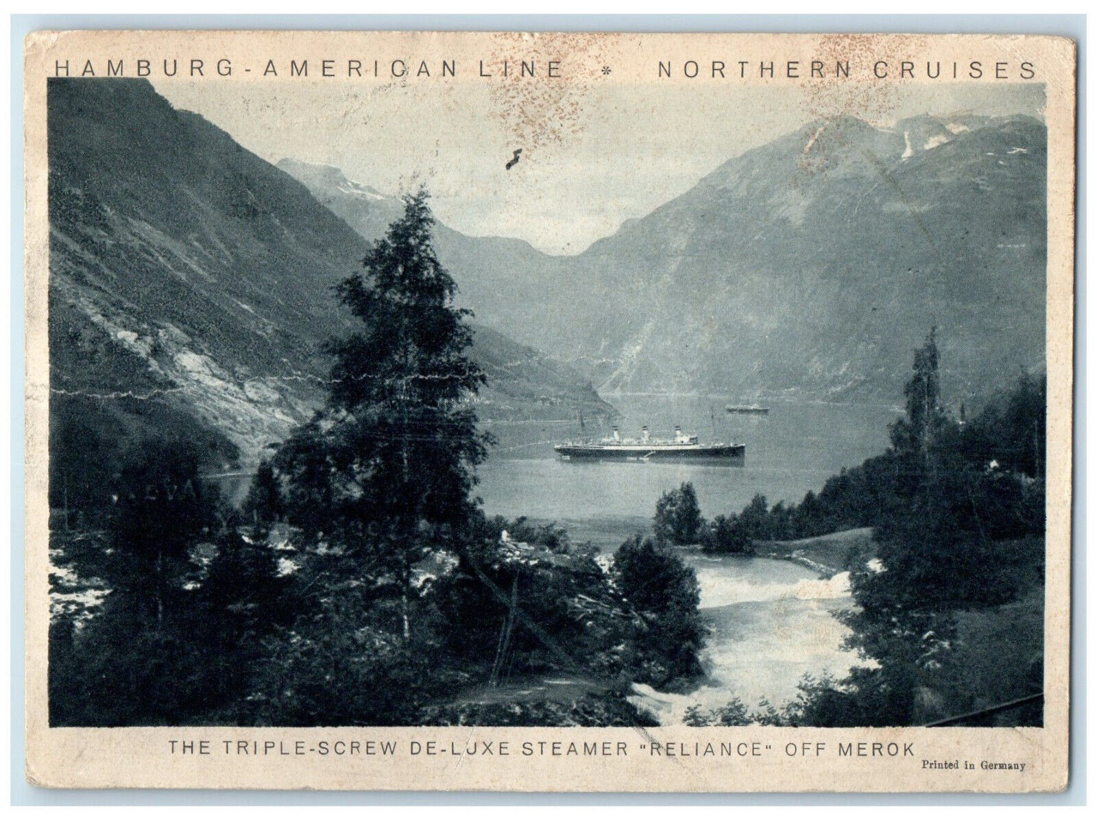 1930 Reliance Steamer Cruise Hamburg American Line Triple Screw Merok Postcard