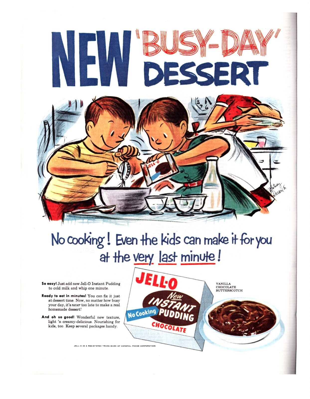 Vintage Print Ad 1954 Jell-O Instant Chocolate Pudding The Busy-Day Dessert