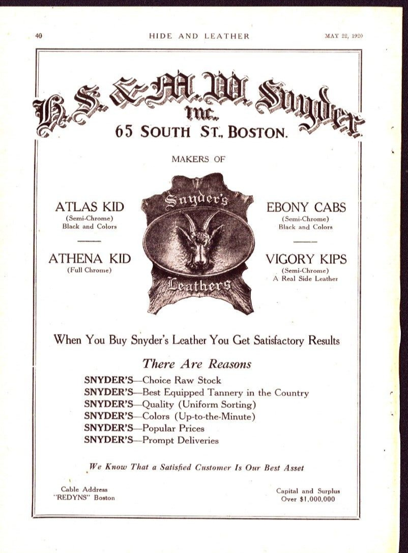 1920 Print Ad Snyder\'s Leathers Boston Mass.