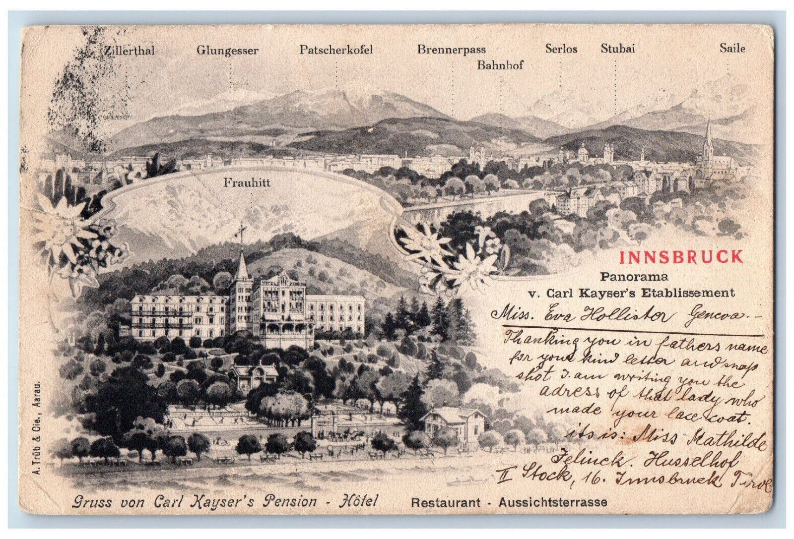 Innsbruck Austria Postcard Greetings from Carl Kayser\'s Pension 1910 Antique
