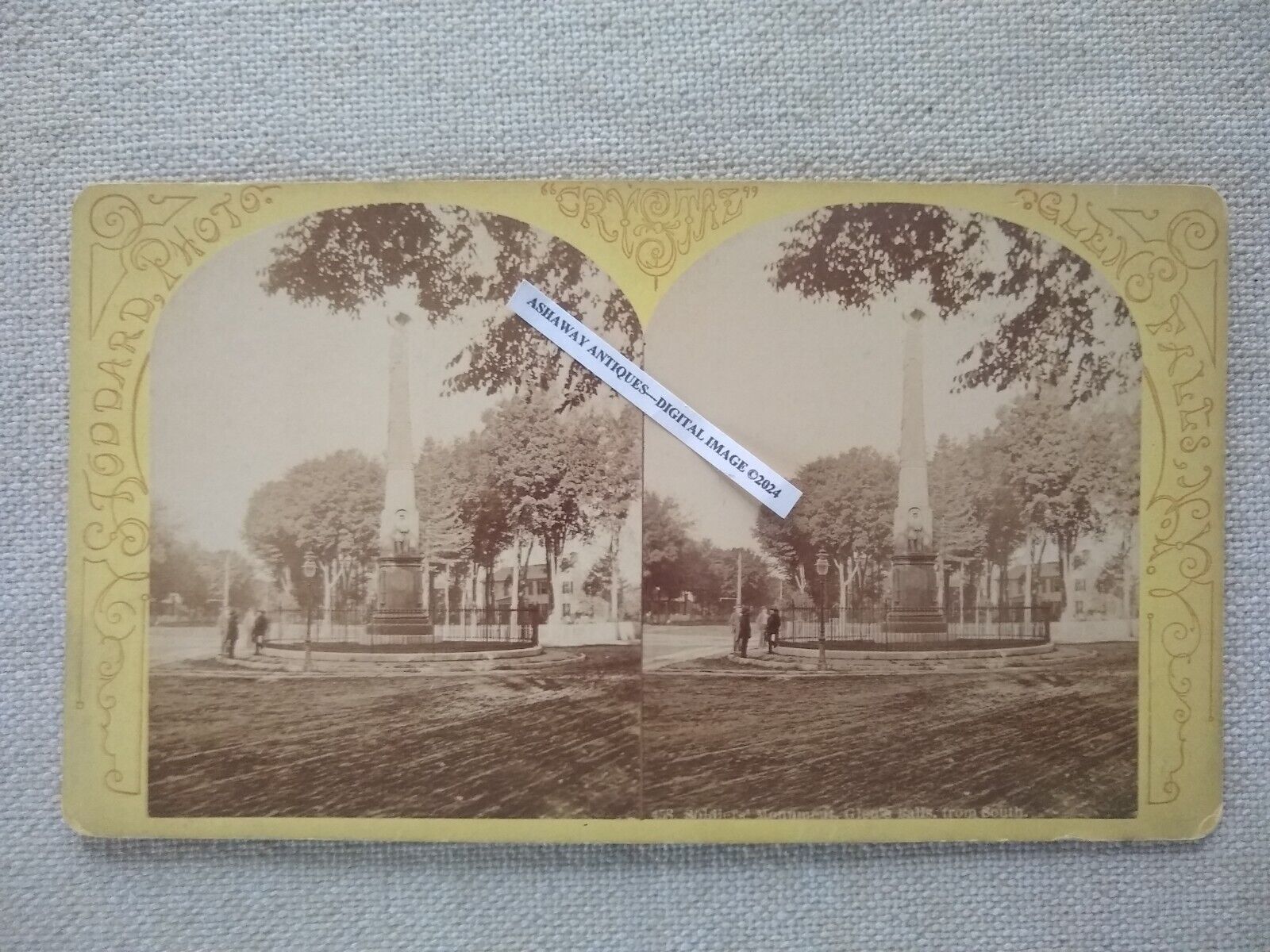 1870s SV of MEN by CIVIL WAR Monument in Street at GLENS FALLS NY by STODDARD