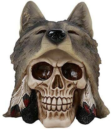 Skull with Wolf Head Dress Bust Decorative Figurine