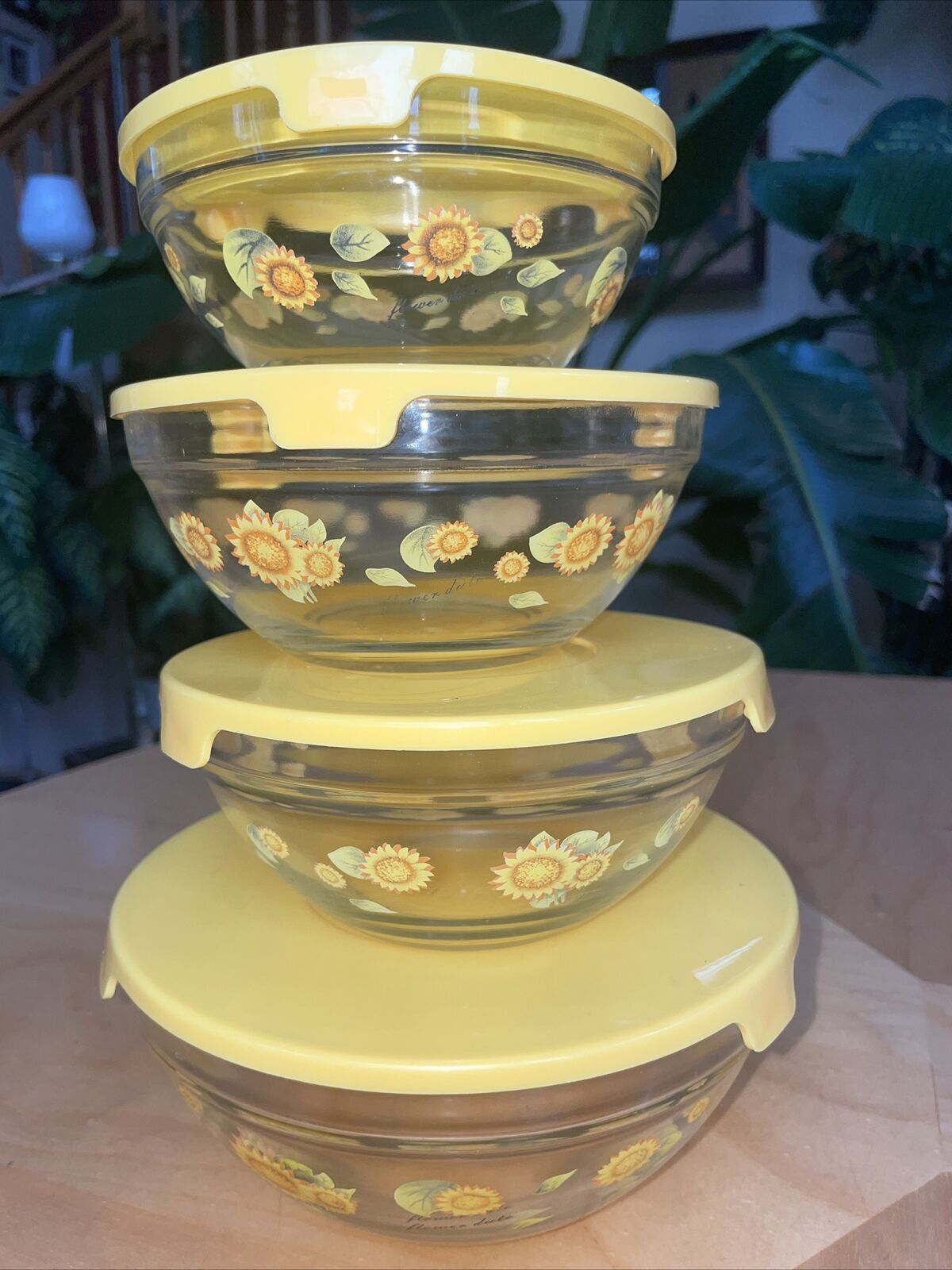 RARE Sunflower Vintage Glass Bowl Set WITH LIDS Flower Dute Heat Resistant