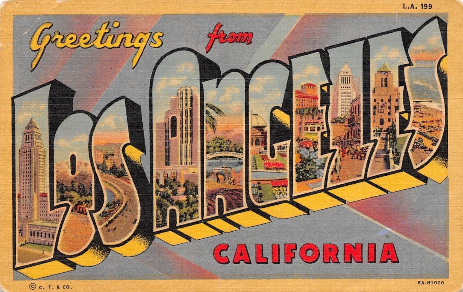 D1948 Greetings from LOS ANGELES California Large Letter Linen PC, 1936 Teich