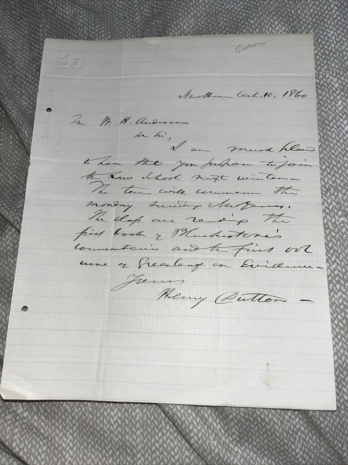 1860 Former Connecticut Governor Henry Dutton Letter to Law School Applicant