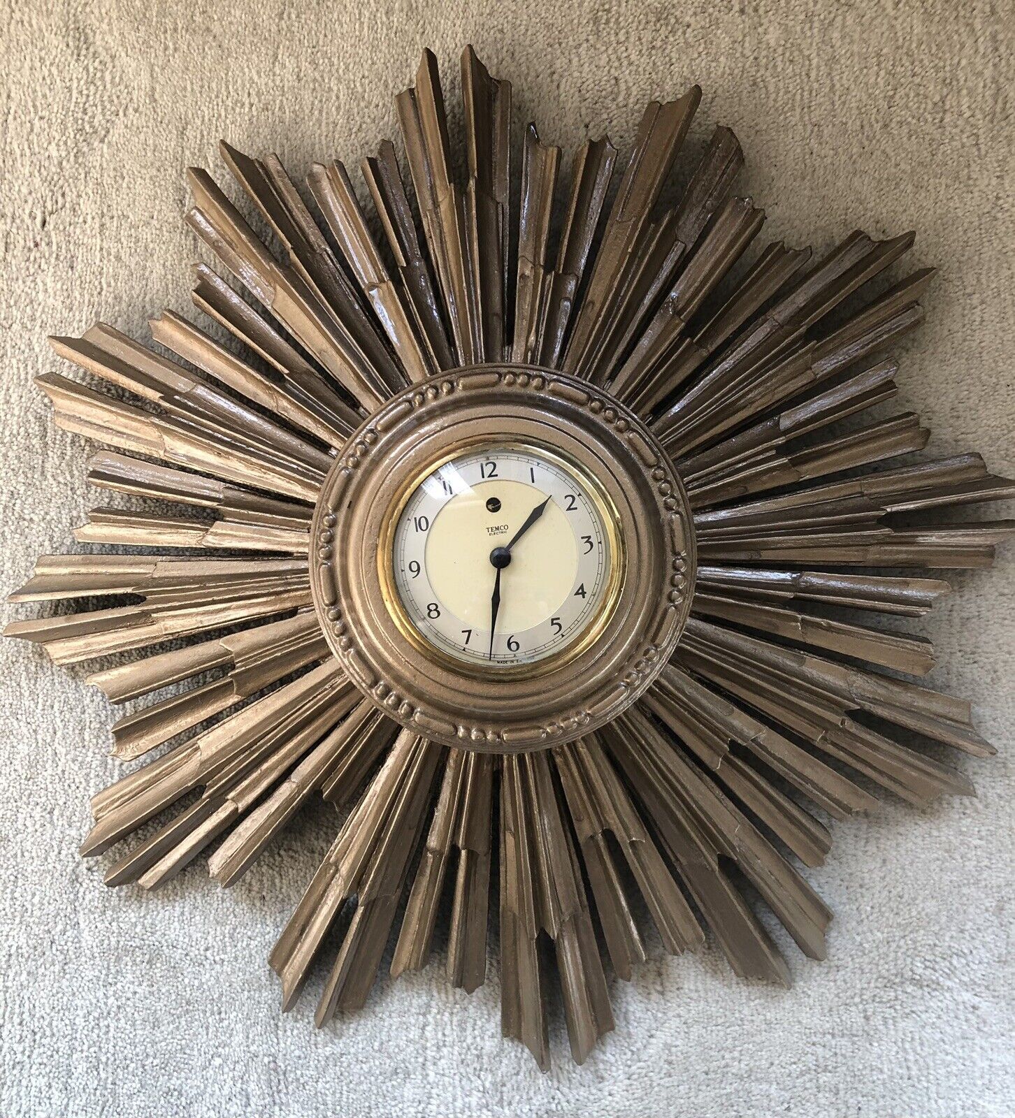 Antique Art Deco Sunburst Wall Clock Wooden Frame 