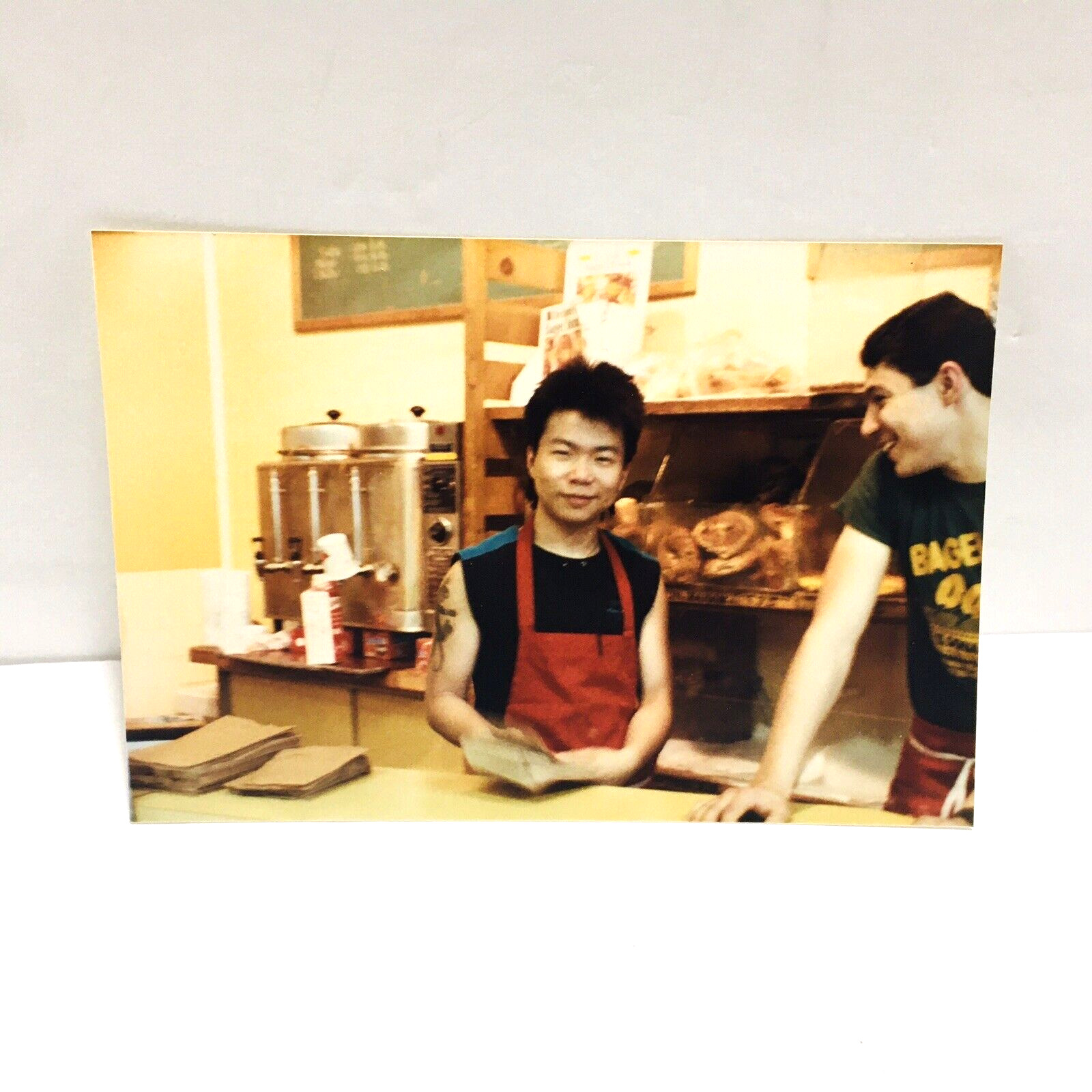2 Guys Gaze Smiling Fun 1980s Gay Int Vintage Color Photo At Work Bagel Shop