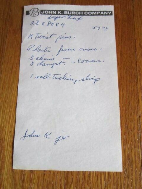 John K. Burch USED Memo Sheet 1980s Vintage Order Note Small Paper