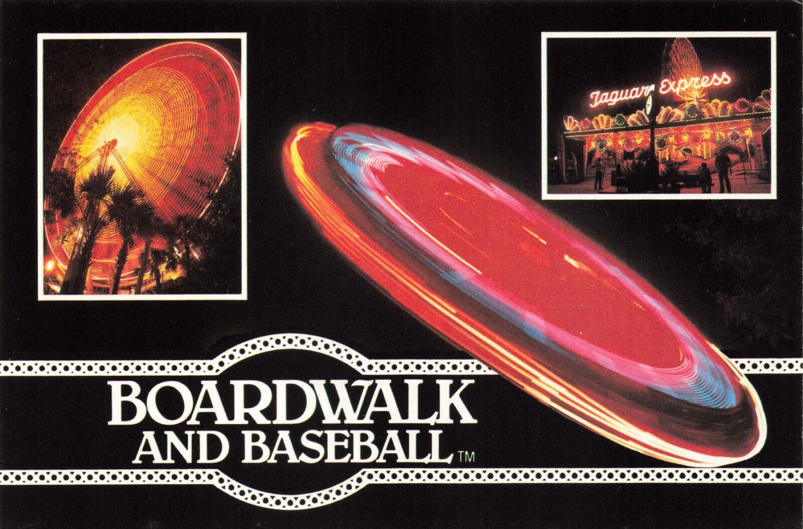 Postcard FL Boardwalk and Baseball Park Night Thrill Rides Closed in 1990