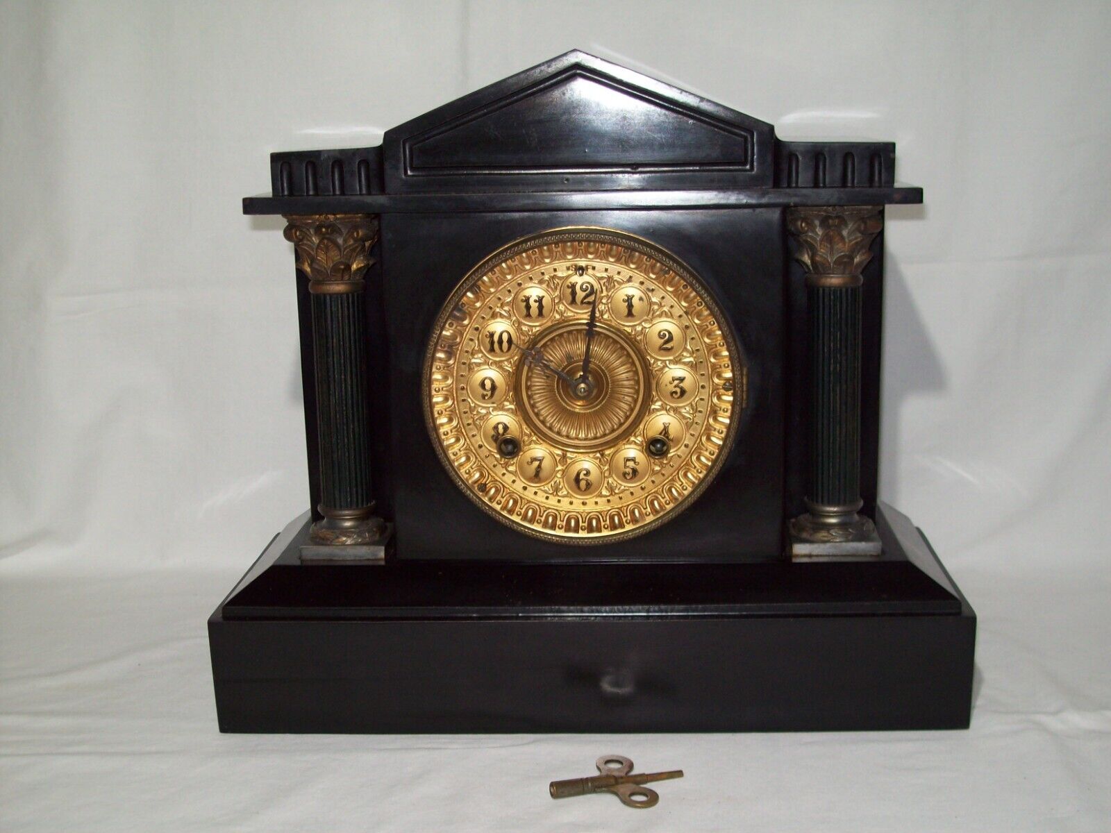 1882 Ansonia Key Wind Pendulum Movement ~ Metal Antique Mantle Clock ~ Does Work