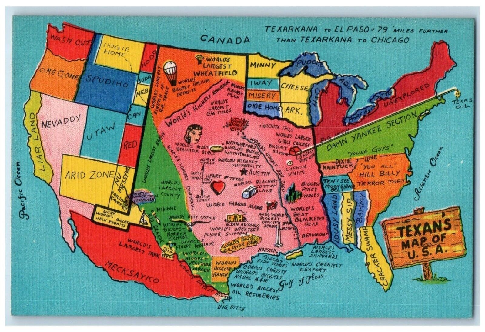 c1940\'s Texan\'s Map of the USA Texarkana to El Paso Posted Postcard