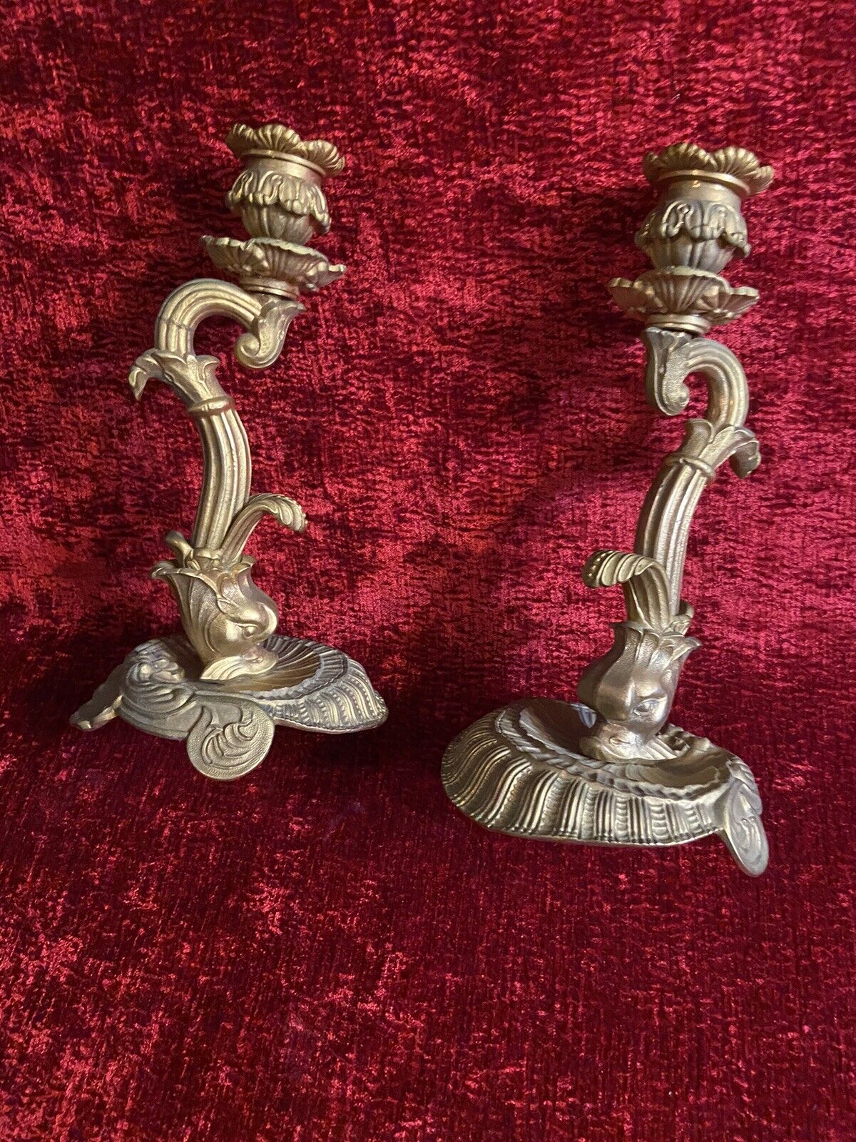 Antique Candle Holders Brass Gold Metal? Heavy Pieces Sea Monsters Baroque 