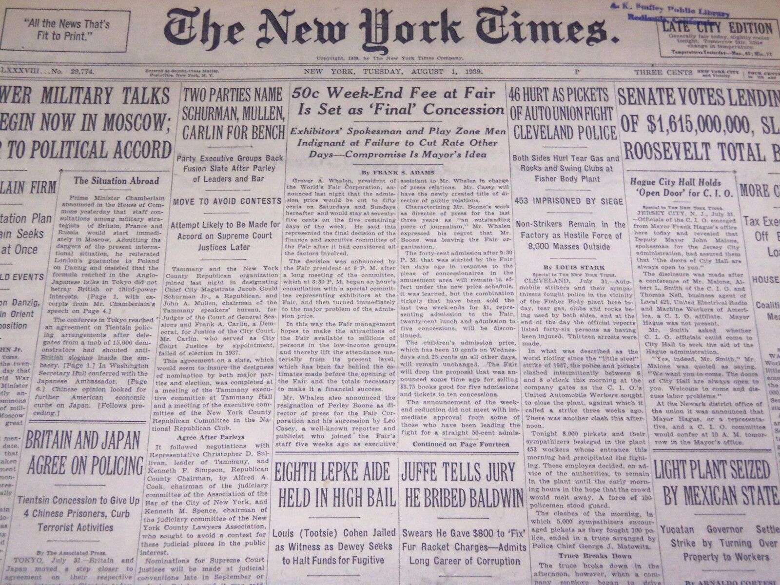 1939 AUGUST 1 NEW YORK TIMES - 50C WEEK-END AT FAIR - NT 3148