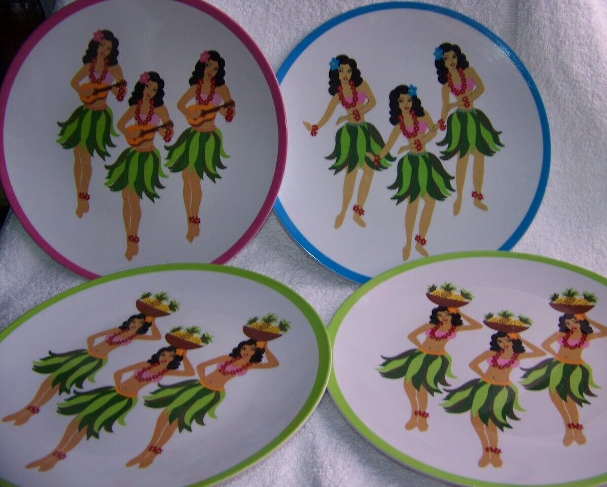 Four melamine Dishes with Island Girl images-very appealing to eat on