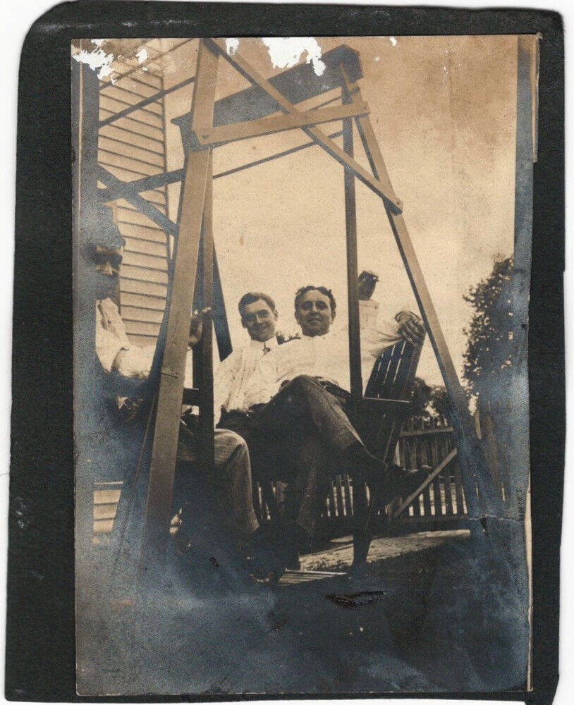1920s Three Young Men on a Backyard Swing White Fashion Shirts Photo Snapshot