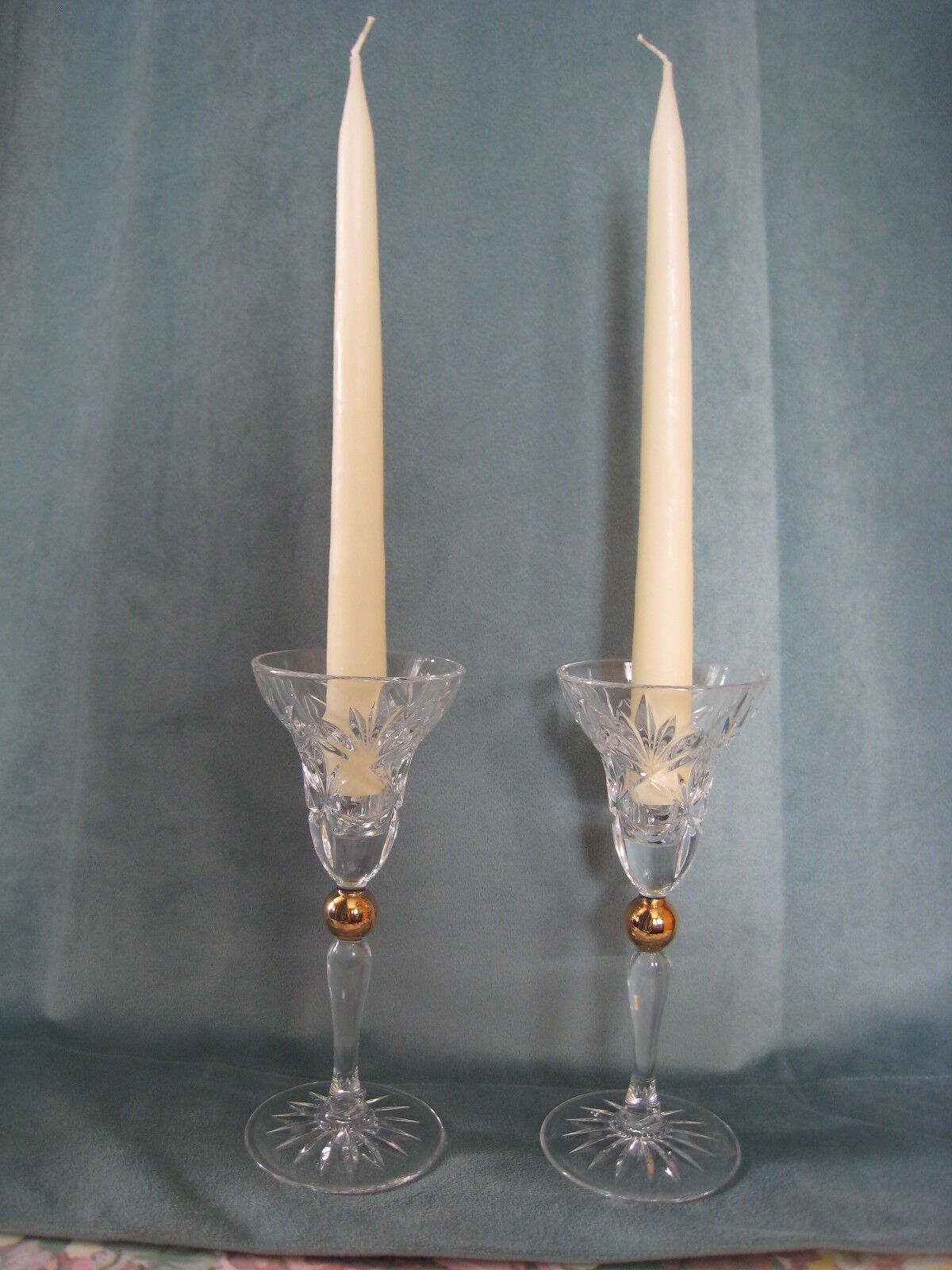 Vintage Interglass Italy Crystal and Gold Taper Candle Holders Set of 2
