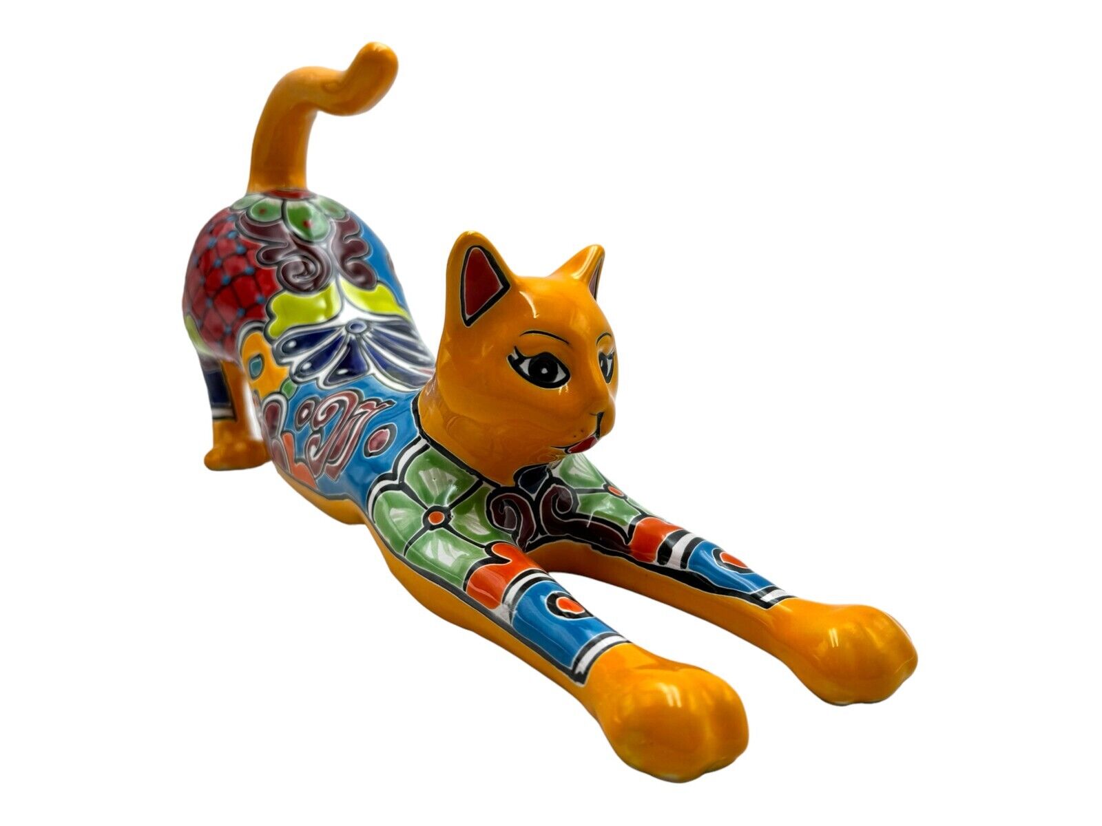 Talavera Cat Stretching Cute Folk Art Mexican Pottery Hand Painted Length 17.25\