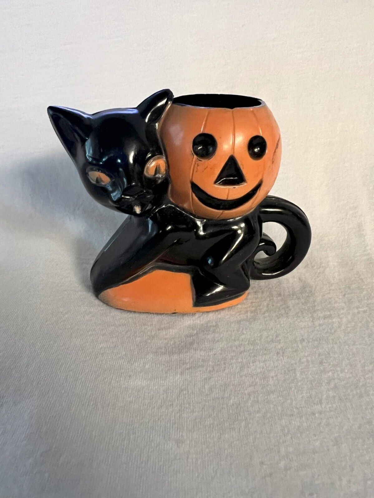 Vintage Halloween 1950s Rosbro Plastic Black Cat And Pumpkin Candy Container