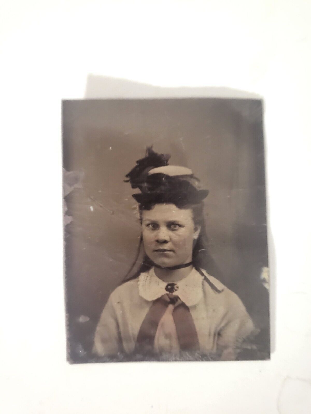 Antique Tintype Photograph Beautiful Young Woman Hat