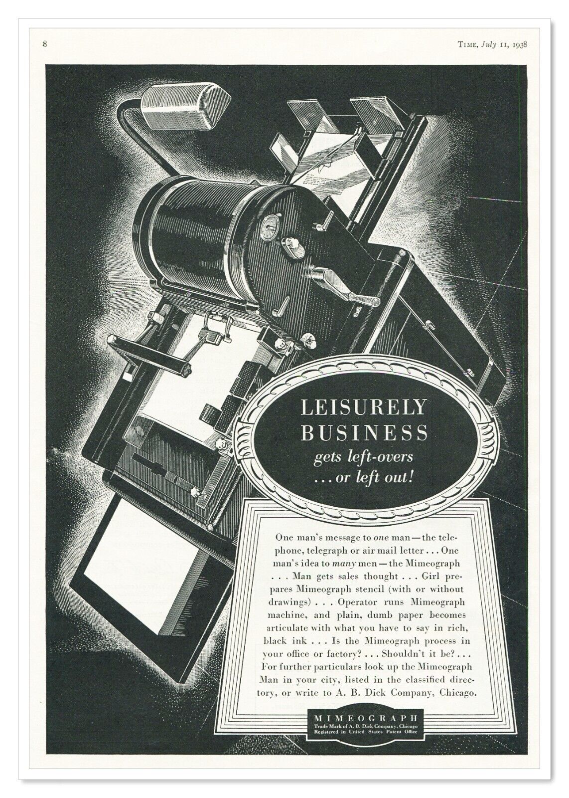 Print Ad Mimeograph Copying Machine A.B. Dick Co Vintage 1938 Advertisement