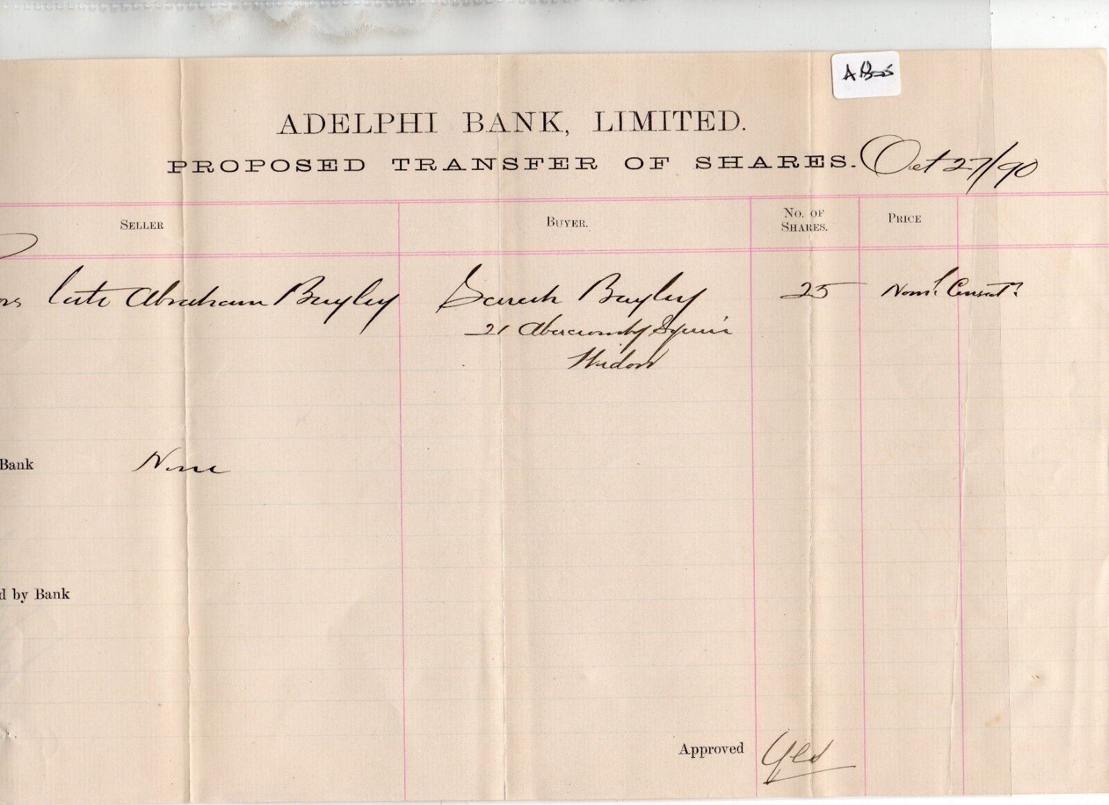 Adelphi Bank - (AB05 ) proposed  share transfer -  Oct 1890