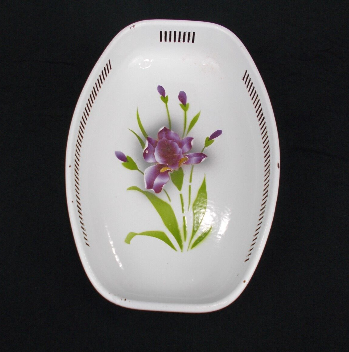 Germann French Bread basket tray  ,white painted  flower Vintage  Metal  MCM