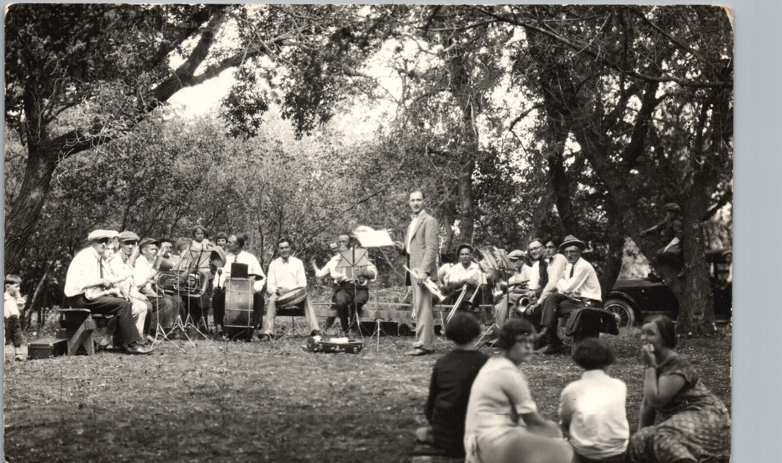 OUTDOOR BAND CONCERT real photo postcard rppc drums music horns summer fun