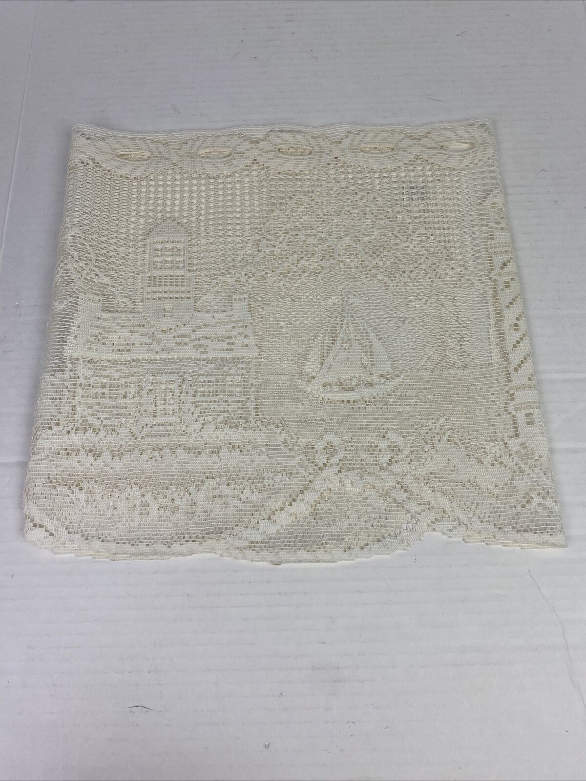 Vintage Heritage Lace Lighthouse Sailboat Mantel Doily 61” Lace Ivory Tiered