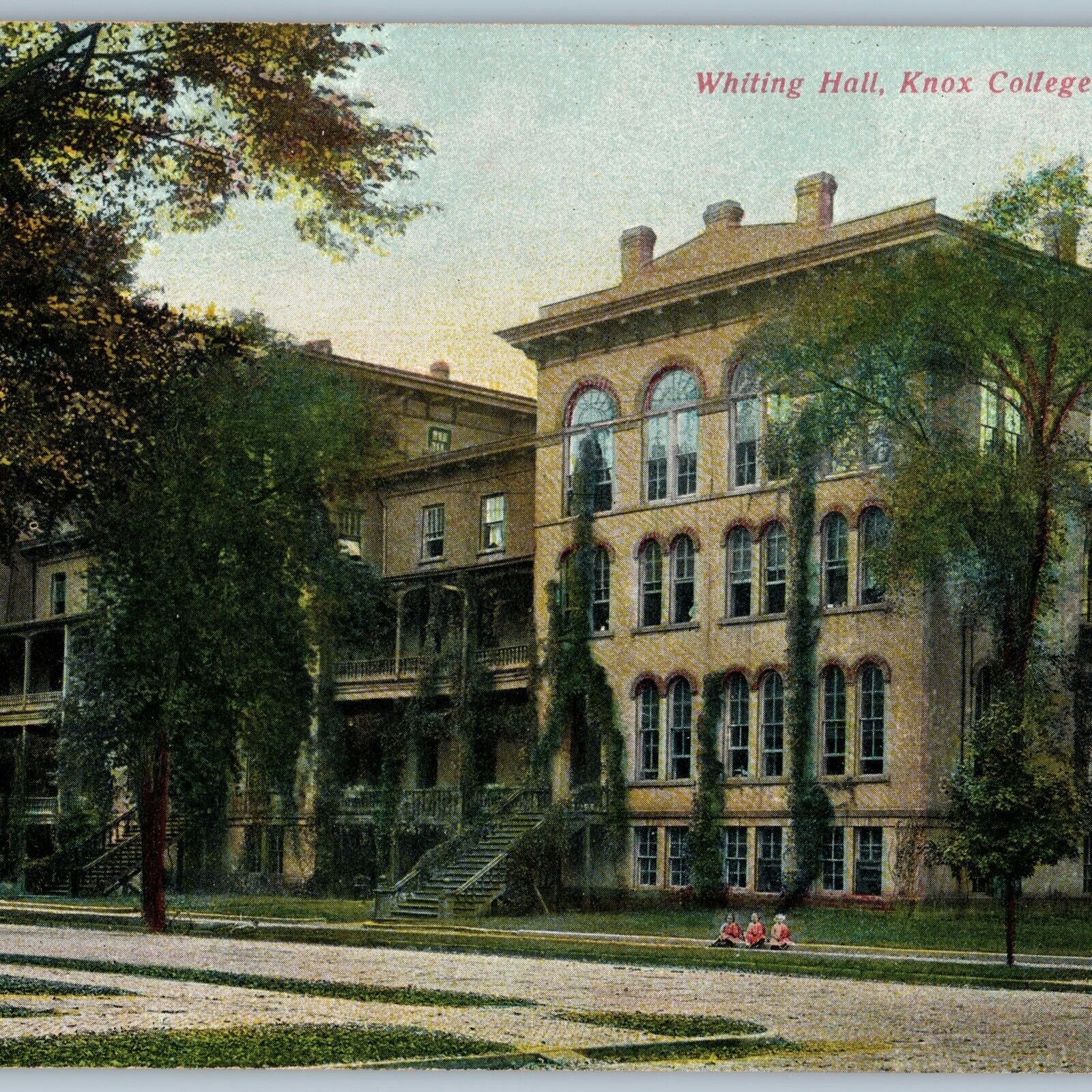 c1910s Galesburg, IL Whiting Hall Knox College Hand Colored Trees Girls ILL A189