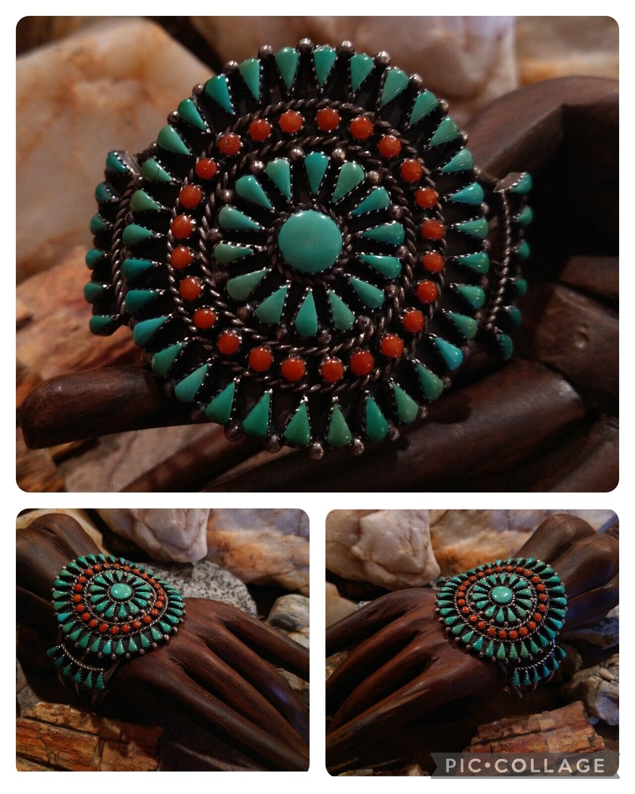 Navajo BENSON YAZZIE (1947-2001) Green Turquoise & Red Coral CUSTER CUFF