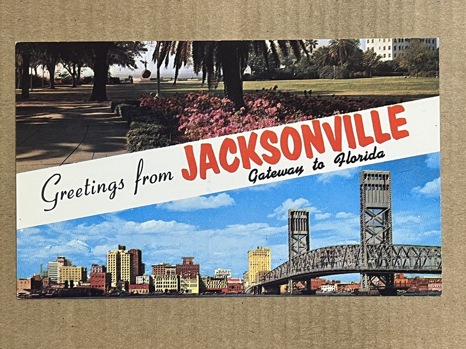 Postcard Jacksonville FL Florida Banner Greetings Bridge Gateway Vintage PC