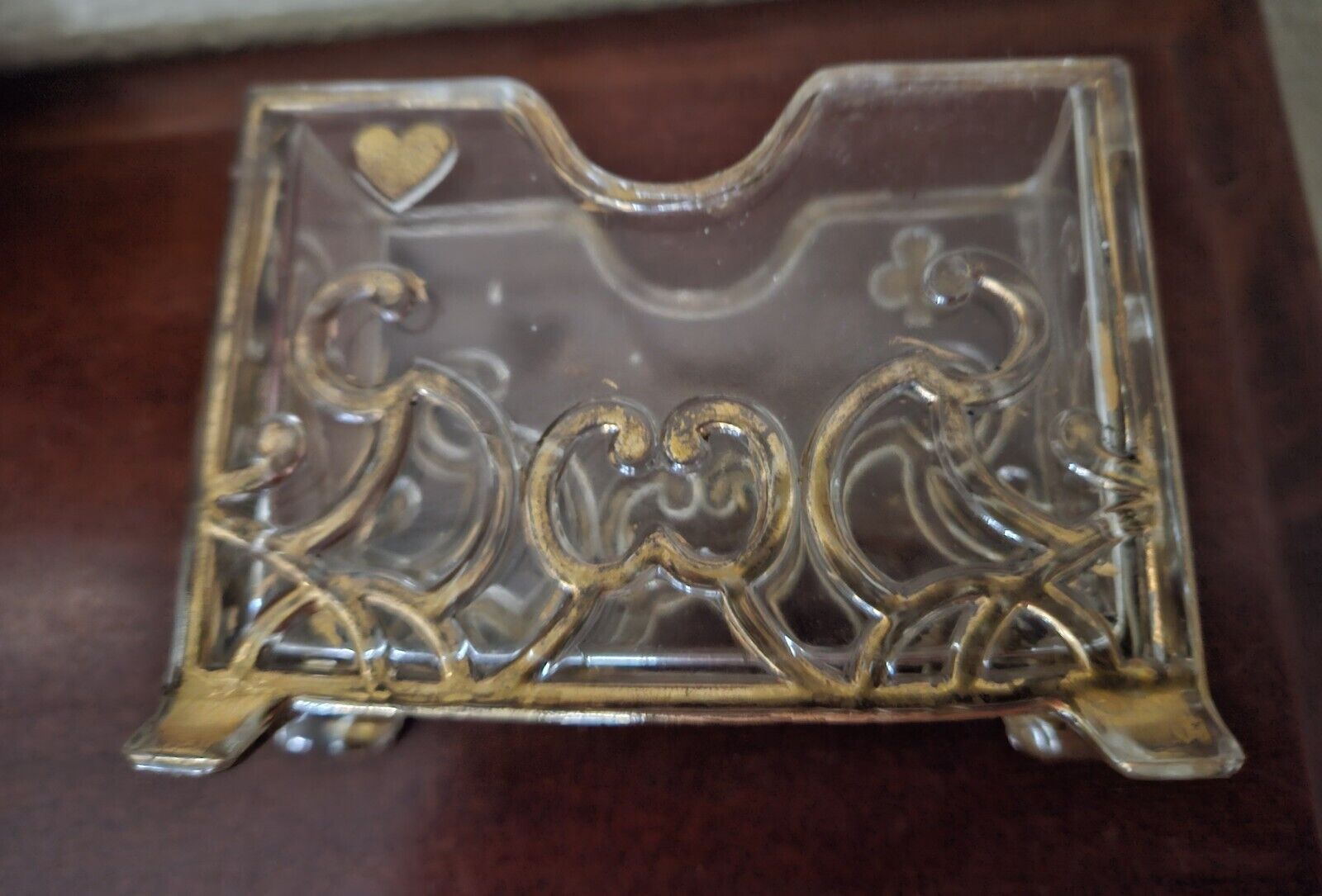 Antique  Glass Gold Playing Card Deck Holder Decorated With Heart and Club