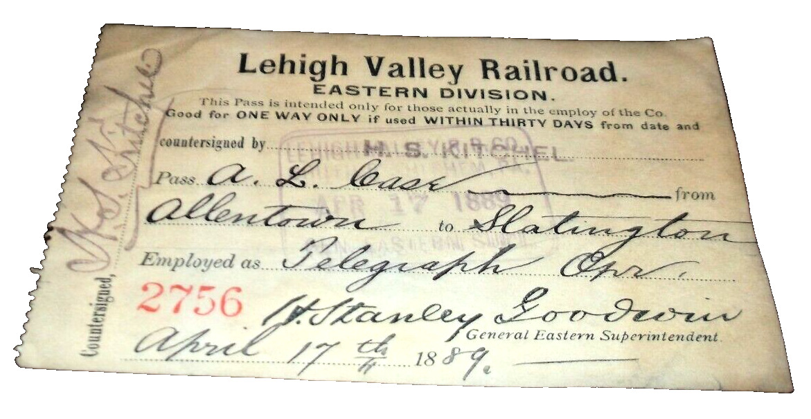 APRIL 1889 LEHIGH VALLEY RAIL ROAD EMPLOYEE MONTHLY PASS #2756