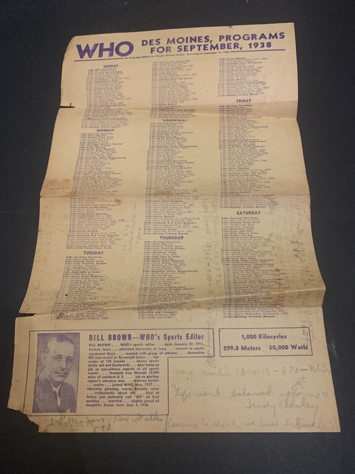 September 1938 WHO Radio Des Moines Iowa Program Schedule