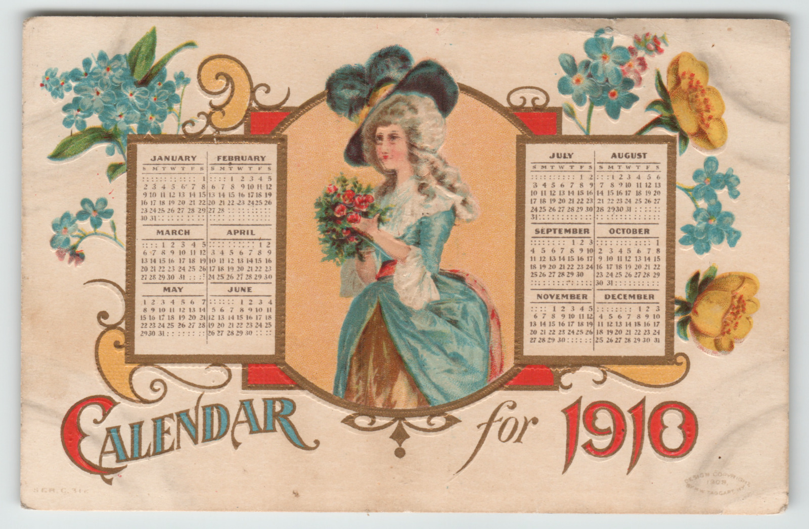 Postcard 1910 New Years Calander with Two Calendar\'s and a Lovely Lady