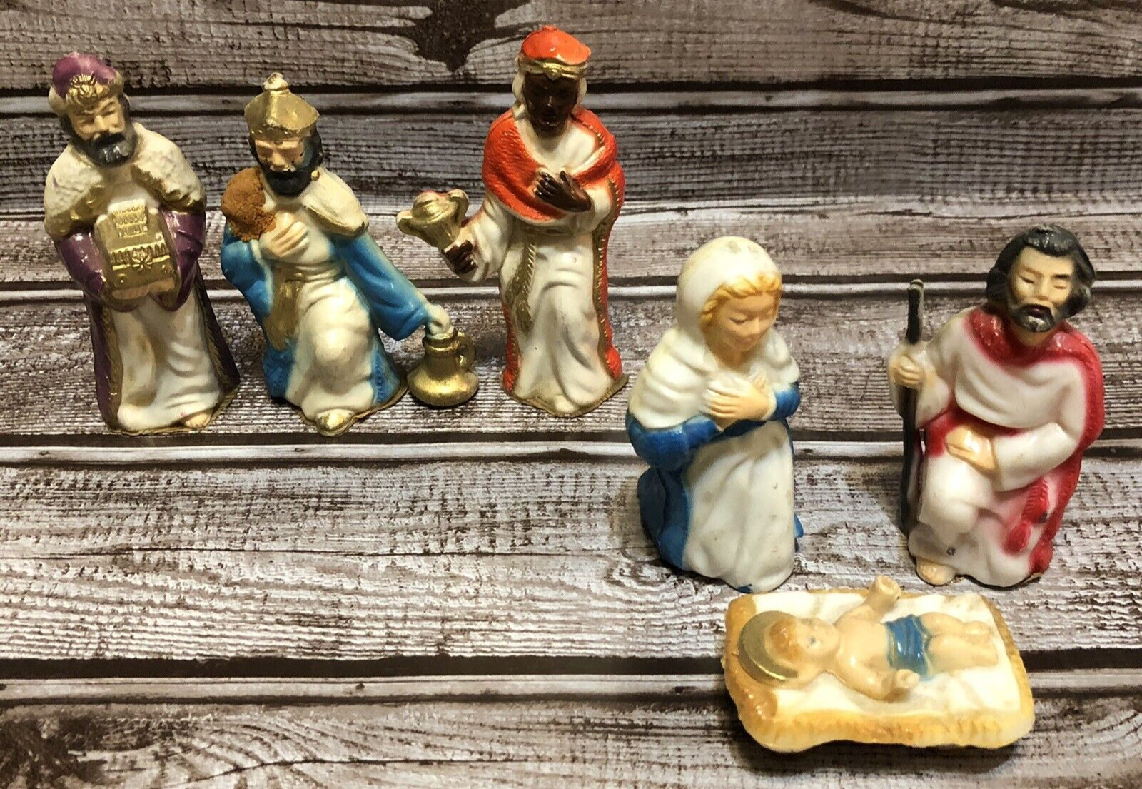 Vtg Hard Plastic Nativity Set Jesus Mary Joseph 3 Wise Men Hollow Christmas