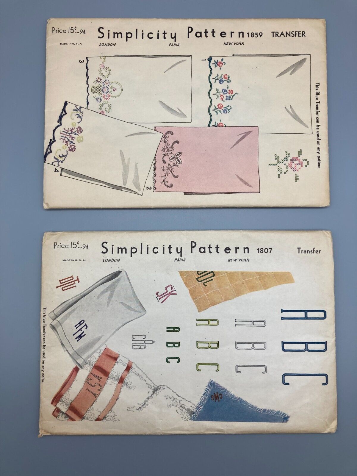 Vintage Simplicity Transfer Patterns # 1807 & 1859 Embroidery Pillow Case/Towel