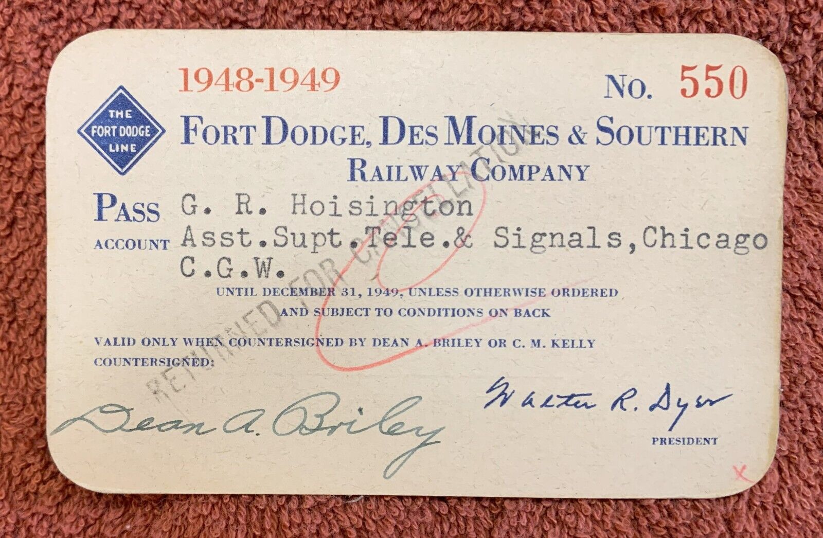 1948-49 Fort Dodge Des Moines & Southern Railway Pass, G R Hoisington C. G. W.