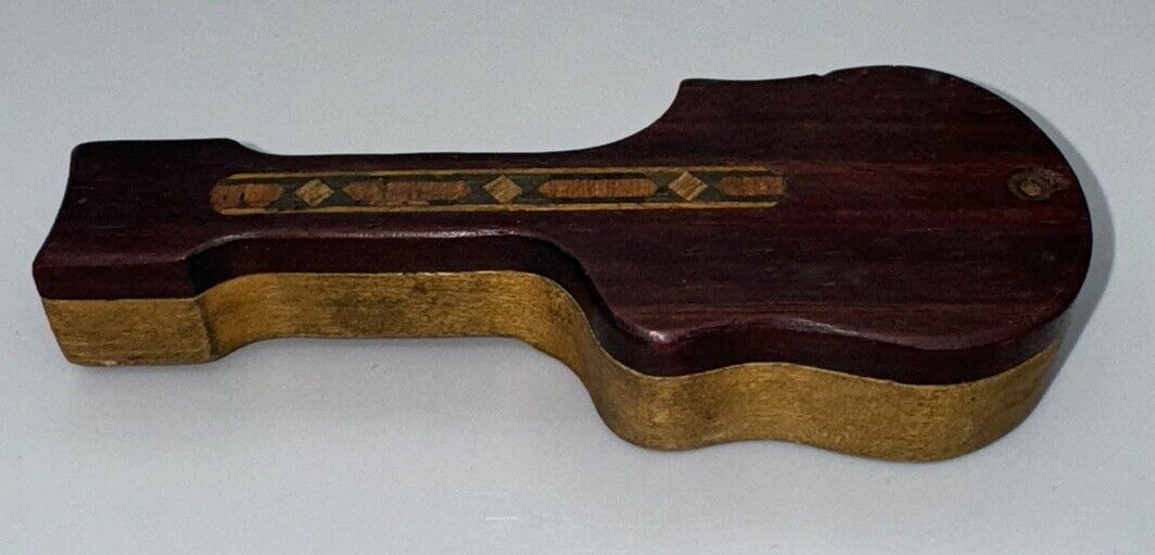 Vintage Two Tone Guitar Shaped Handmade Inlaid Wood Stash Box Swivel Top Wood