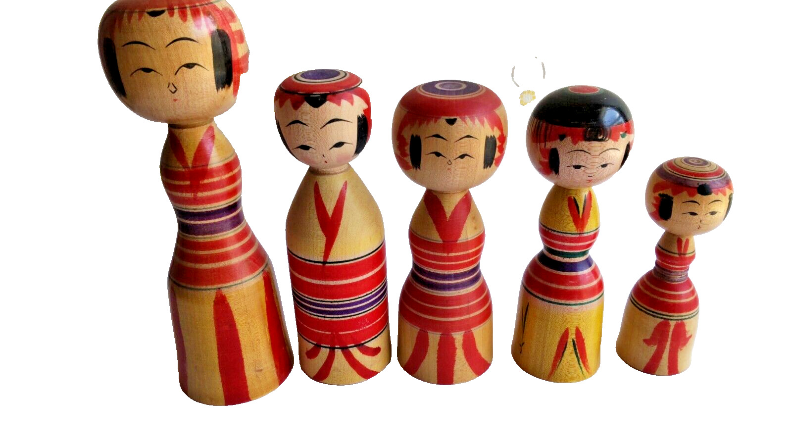 Five traditional Japanese Kokeshi Dolls by 5 producer with sign beauty kokeshi