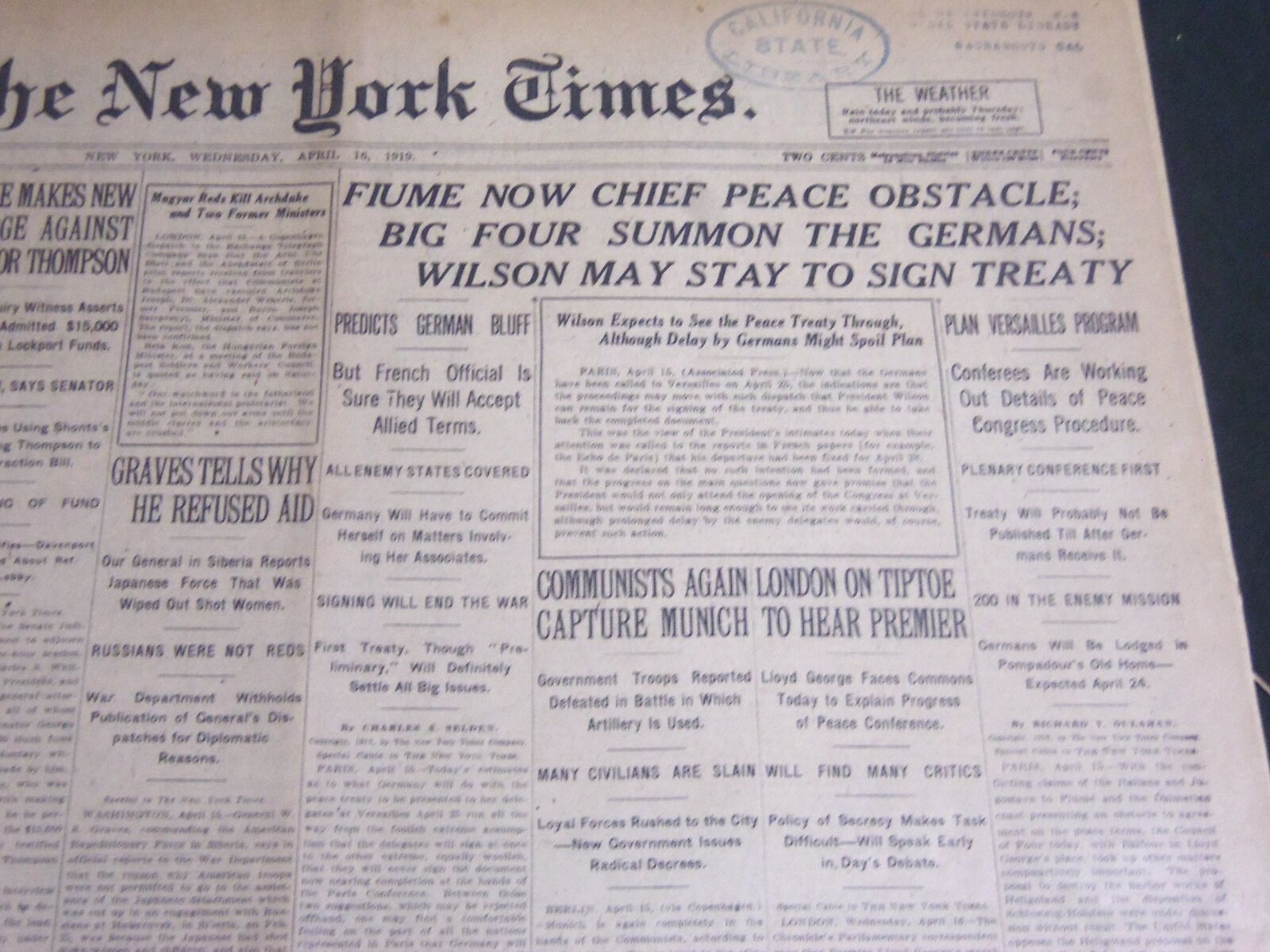 1919 APRIL 16 NEW YORK TIMES - FIUME NOW CHIEF PEACE OBSTACLE - NT 6973