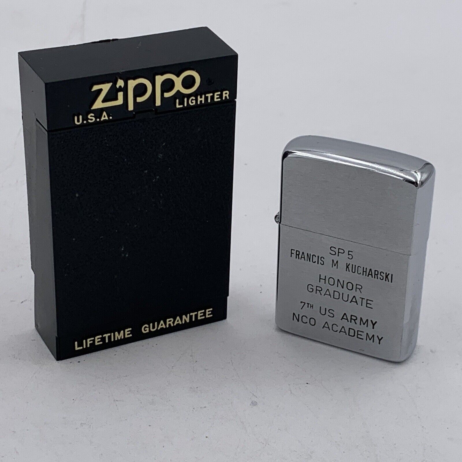 Vintage 1960s Engraved Zippo Lighter Honor Grad 7th US Army NCO Academy Clean