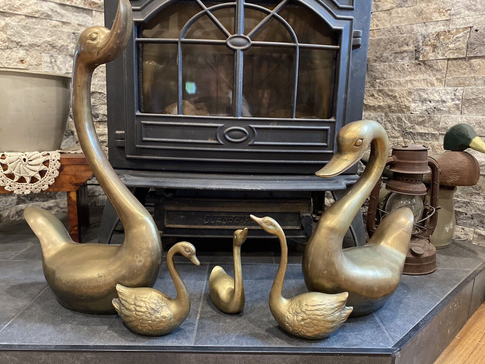 Vintage Extra Large & Small Brass Swan Statues Set of 5.